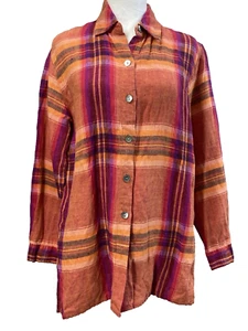 Chicos Womens Shirt Blouse Medium 1 Orange Plaid Linen Casual Summer - Picture 1 of 8