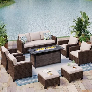 8-PCS Patio Wicker Furniture Set Outdoor Rattan Sectional Sofa W/ Fire Pit Table - Picture 1 of 10