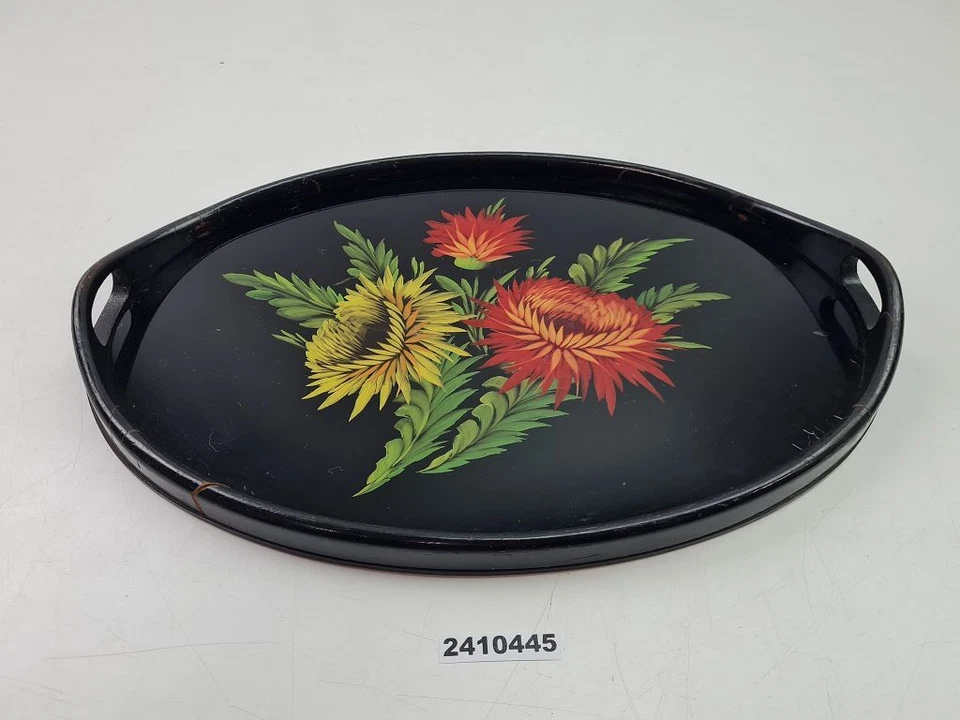 Tablett oval schwarz handbemalt Glas Klavierlack Blumen Griffe Vintage #2410445 - Bild 1 von 4