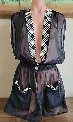 Vintage Jantzen Classics Womens Mesh Swim Coverup Black & Gold Plaid Trim M USA - Image 1 of 4