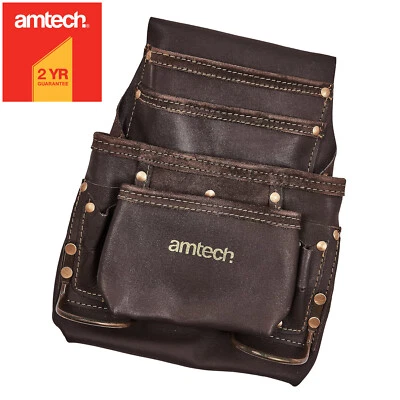 Amtech Heavy Duty Leather Tool Pouch Carpenters 4 Pocket Toolbelt 2 Hammer Loops - Image 1 of 4