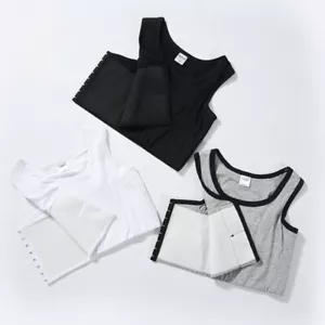 Tomboy Lesbian Chest Binder Elastic Slim Fit Hook Vest Top Cotton Breathable Tee - Picture 1 of 15