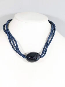 Blue Glass Bead Oval Pendant Multi Strand Statement Necklace 21 inch - Picture 1 of 8