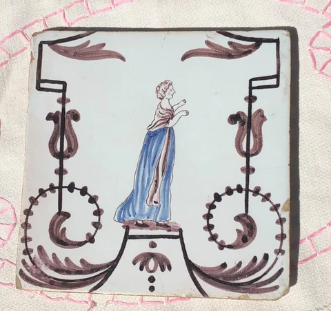 Antique Manganese Purple and Blue Tile Greek Victorian Lady on Pedestal Design Cover