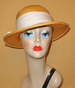 Ladies Butterscotch Gold Sleek Straw Wide Brim Hat w/ White Band by Sonni of Ca. - Picture 1 of 8