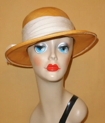 Ladies Butterscotch Gold Sleek Straw Wide Brim Hat w/ White Band by Sonni of Ca. - Image 1 of 4