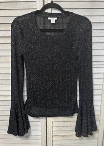 Bar III Melbourne Metallic Black Bell-sleeve Sparkle Top XS - Picture 1 of 3