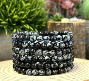 Wholesale Lot 6 Pcs Natural Snowflake Obsidian 6mm 7.5” Crystal Stretch Bracelet - Picture 1 of 4