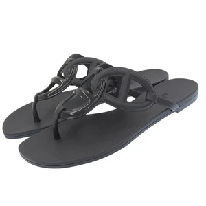 HERMES Egérie Black Chaine d'Ancre Motif Rubber Flat Sandals Women's Size 3... - Picture 1 of 6