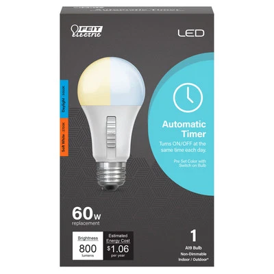 A19 LED Timer Bulb Soft White Daylight Energy Saving 800 Lumens 10 Year Life - Image 1 of 4