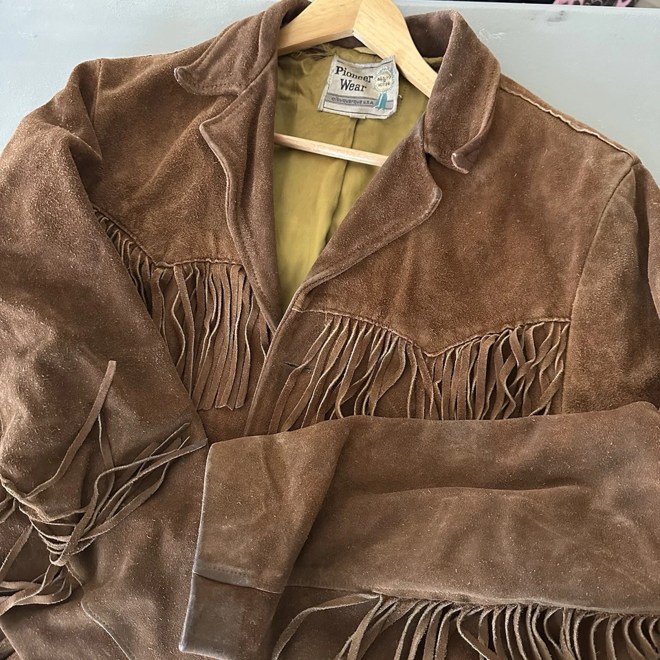 Chaqueta Pioneer Wear Para Hombres 42 Abrigo Vintage Gamuza Cuero Vaquero Occidental Flecos Foto 1 de 4