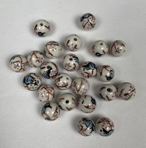 Beads Vintage hand Painted Blue Bird and White Porcelain Chinese Round Shou 14mm - Picture 1 of 7