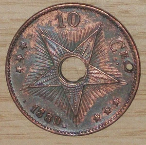 1889 BELGIAN CONGO 10 CENTIMES 100K RARE LOW MINT BIG COPPER COIN LEOPOLD II KM4 - Picture 1 of 4