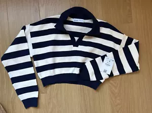 BERSHKA size M navy blue & white stripe cropped jumper with v-neck and collar - Picture 1 of 6