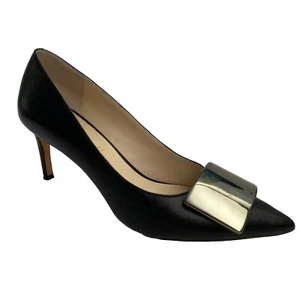 Bettye Muller Pump Black Leather Point Toe Slim 2.5" Heel Green Plate 6.5 - Picture 1 of 11
