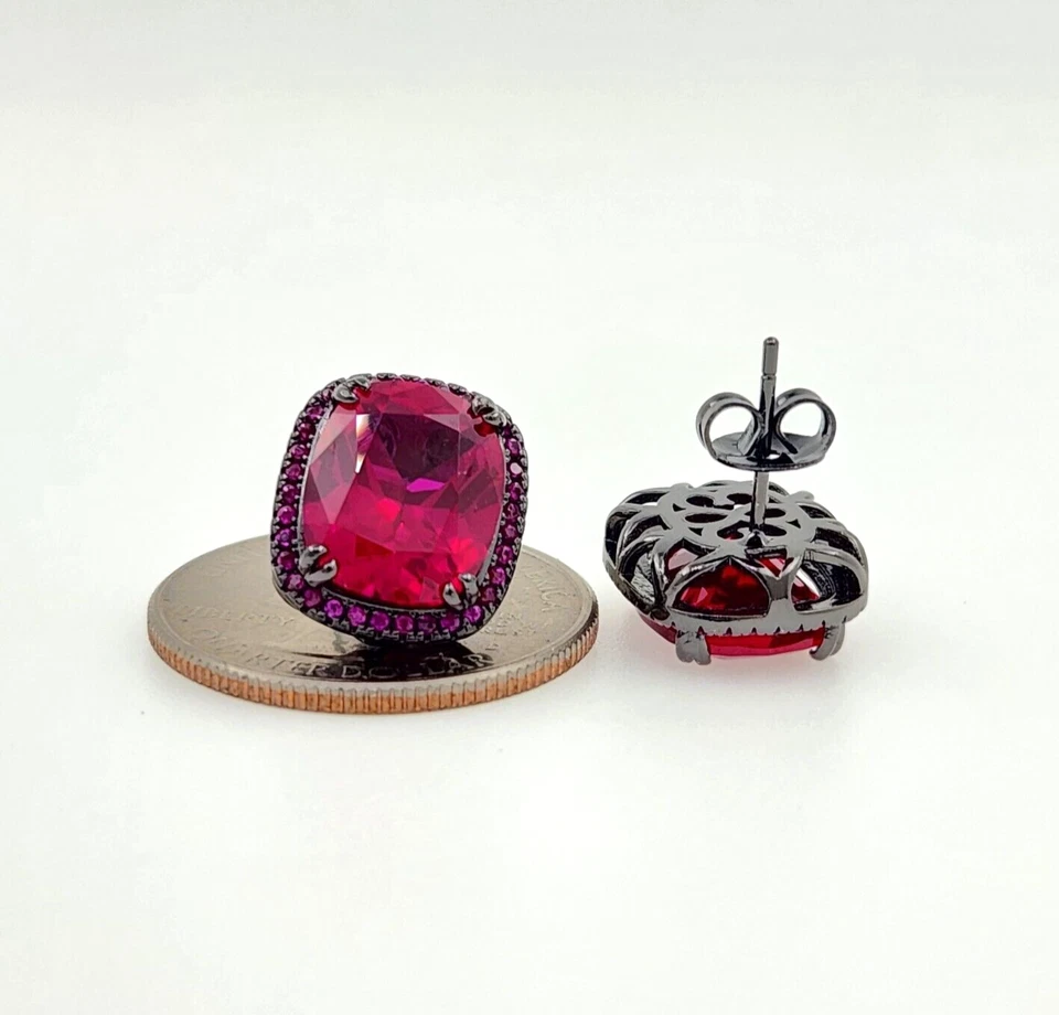 Aretes rectangulares 10x12 mm con halo de rubí rojo placa de oro negro plata Foto 1 de 3