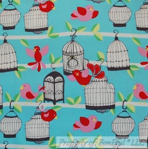 BonEful FABRIC FQ Cotton Quilt Aqua Blue Bird White Cage Red Pink Spring Flower - Picture 1 of 6