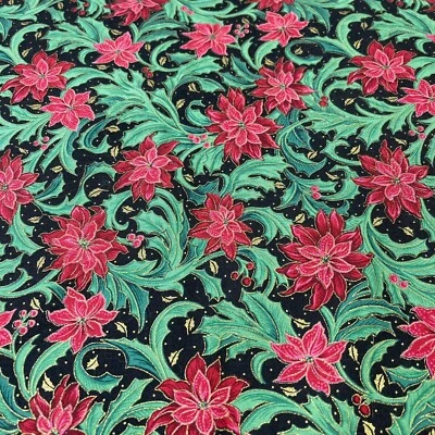 Holiday Radiance for RJR Fashion Fabrics Poinsettias Leaf Black Red Green Gold - Image 1 of 4