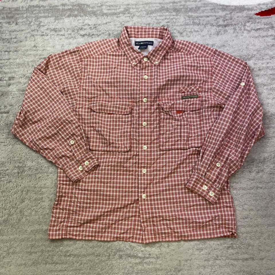 VTG ExOfficio Adventure Button Shirt Medium Red White Mesh Fish Performance Vent - Image 1 of 4