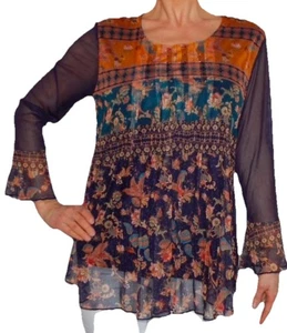 Desigual Gr. XL Aurem Barocco Jacquard Netz Top Bluse Lagenlook Blau Orange Spanien - Bild 1 von 19