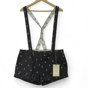 Brave Soul 'Lizzie' Dungaree Shorts UK 14 Ladies Nautical Anchor Navy - Preloved - Picture 1 of 24