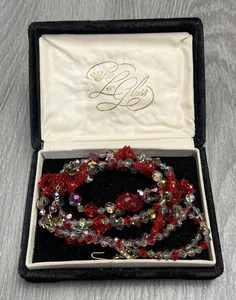 Vintage Leo Glass Necklace Aurora Borealis Crystal Beads Three Strand Boxed Set - Picture 1 of 11