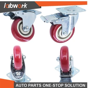 Labwork Caster Wheels Swivel Plate Total Lock Brake Red Polyurethane PU 4Pack 4" - Picture 1 of 11