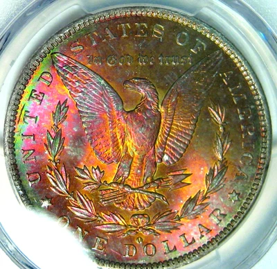 1883-O RAINBOW TONED MORGAN DOLLAR~PCGS MS65+~VIBRANT REVERSE RAINBOW TONING* - Image 1 of 4