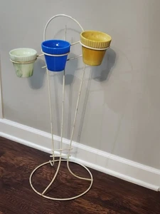 Akro Agate White Wire Metal Floor Planter Stand w/ 3 Slag Glass Flower Pots - Picture 1 of 15