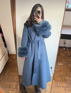 Mantel aus Kaschmir und Wolle mit Echtfell Armmanchetten tiefblau 40 M L - Bild 1 von 6
