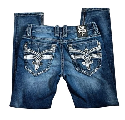 Jean para hombre Rock Revival 34x32 relajado recto imitación solapa bolsillos desgastado Foto 1 de 4