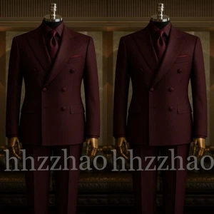 Burgundy Men's Suits Peak Lapel Double Breasted Formal Wedding Groom Tuxedo 2pcs - Picture 1 of 18
