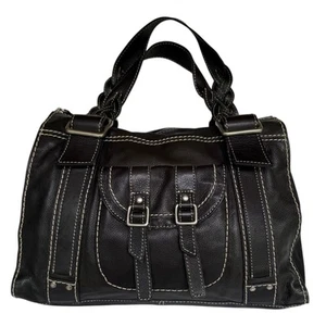 VTG Y2K Black LEATHER HANDBAG LG 15" Carryall Shoulder Purse Zip Braided Handles - Picture 1 of 12
