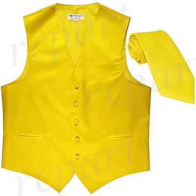 New Polyester Formal Men's Tuxedo Vest Waistcoat & tie solid yellow prom wedding - Image 1 of 4