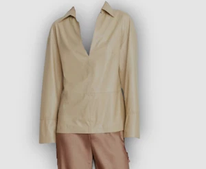 $995 Vince Womens Beige Leather Popover Long Sleeve Shirt Blouse Top Size XS - Picture 1 of 3