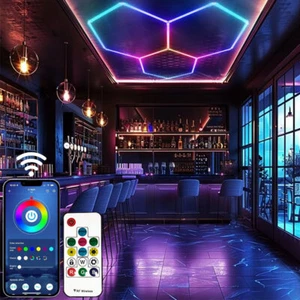 3 HEX Hexagon LED Honeycomb Garage Lights Ceiling Light Dimmable APP/Remote RGB - Picture 1 of 21