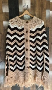 Vintage Handmade Crochet Poncho Boho Fringe Button Up Festival Hippie OS - Picture 1 of 16