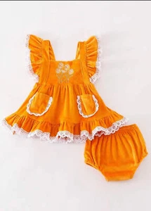 Girl's Boutique Honey Bee Velvet Sunflowes Lace Embroidered Embroidery Two Piece - Picture 1 of 10