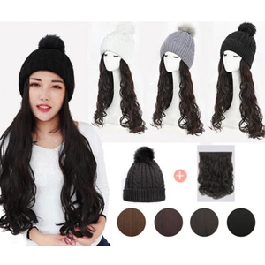 Mujeres Invierno Tejido Gorro Sombrero con Onda Larga Rectitud Cabello Peluca MODA - Imagen 1 de 24