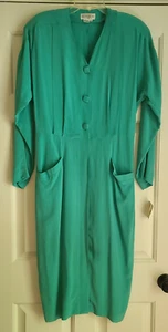 Horchow 100% Silk Teal Long Sleeve Button Up Dress NWT Size 12 Pleats, Pockets - Picture 1 of 6