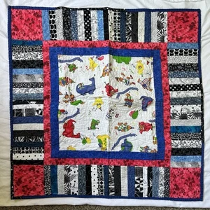 Nursery Crib Patchwork Baby Quilt Blanket Handmade Black Blue Dinosaurs - Picture 1 of 5