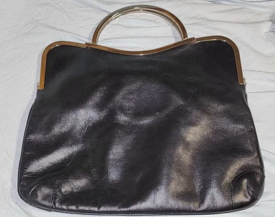 Rare Vintage Trina Turk Black Leather Handbag Clutch Metal Trim Mirror - Image 1 of 4