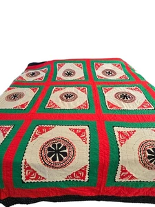 Vintage Ralli Quilt Bedspread Throw Blanket Green Red Black India Handmade - Picture 1 of 9