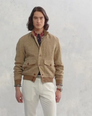 Polo Ralph Lauren Bomber Linen & Silk Herringbone Tweed Skeet Jacket XL $748 Tan - Image 1 of 4