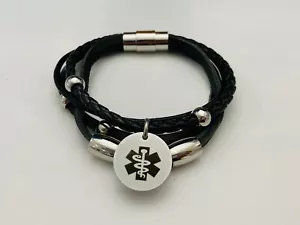 SAMPLE SALE Type 1 Diabetes Medical Alert Bracelet Leather Stainless Steel 399 - Picture 1 of 4