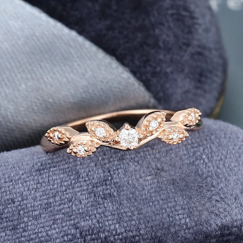 Zircon Floral Rose Gold Silver 925 Curved Band Wedding Engagement Bridal Ring. - Image 1 of 4