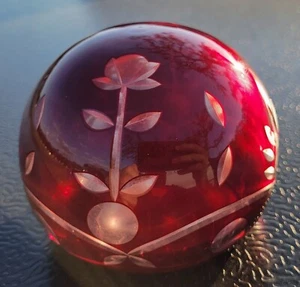 Bohemia Romania Cranberry Ruby Red Cut to Clear Crystal Large 4" Orb Paperweight - Picture 1 of 19