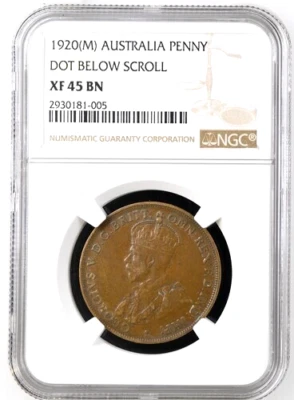 1920 M Australia 1 Penny, Dot Below Scroll, NGC XF 45, KM-23 - Image 1 of 2