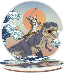 Car Coasters Pack of 2,Absorbent Ceramic Set Cat and Dinosaur  - Picture 1 of 7
