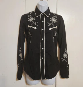 XS Panhandle Slim Black White Pearl Snap Embroidered Retro Western Rodeo Shirt - Picture 1 of 10